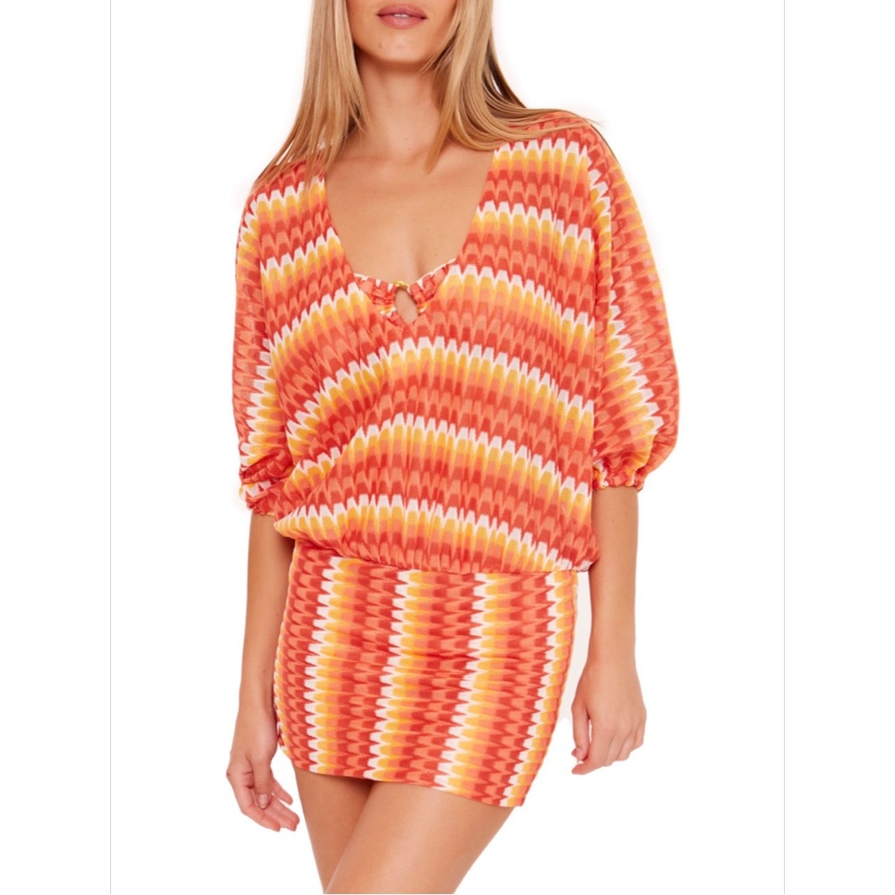Trina Turk Stripe Blouson Cover-Up Tunic Beach Pool Mini Dress LARGE